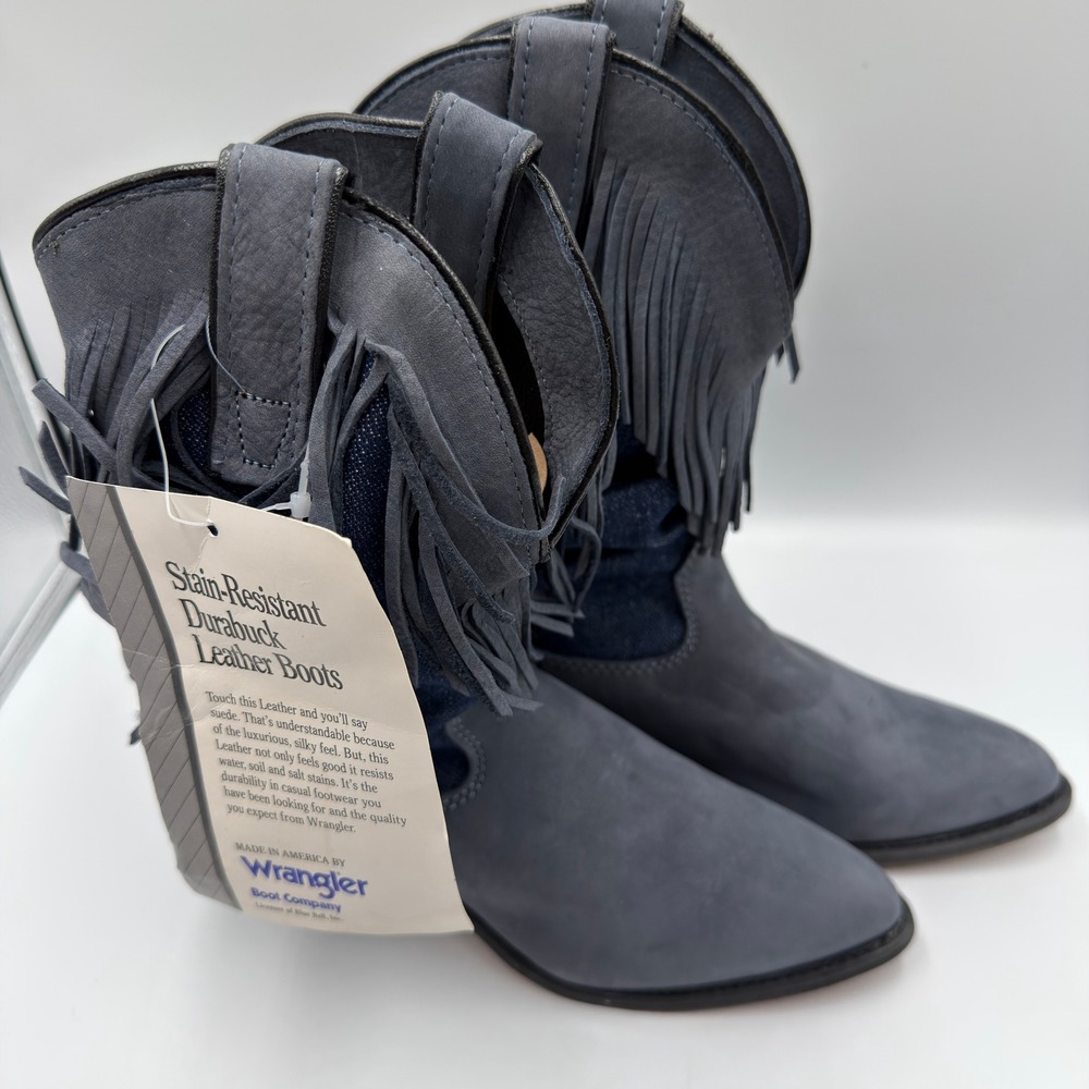 Vtg Wrangler Womens Durabuck Leather Fringe Western Boots Navy Blue Denim NEW - Picture 2 of 12